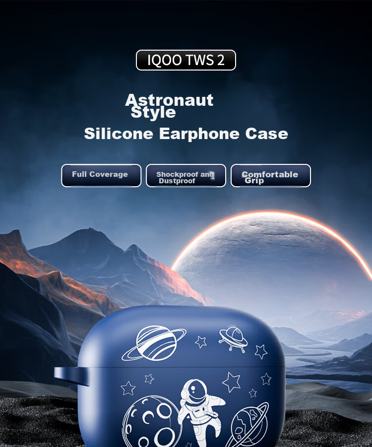ESCASE Protective Case for IQOO TWS2 Earphones, Vivo TWS4 Silicone Soft Shell Bluetooth Storage Box, Shockproof Ultra-Thin Astronaut Design, Deep Blue + Anti-Loss Lanyard 1