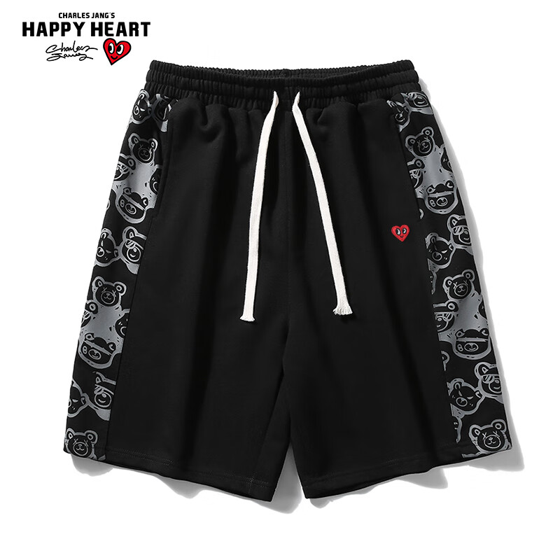 Chaersitaoxin Large Size Shorts for Men, Summer Loose-Fitting American Bear Print Casual Sports Knee-Length Shorts, Black, XL