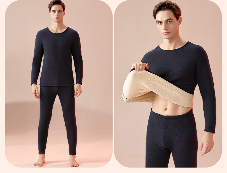 Hengyuanxiang Wool And Silk Thermal Underwear, Fleece-Lined, Extra Thick, Mid-Collar Autumn Top And Bottom Set 19