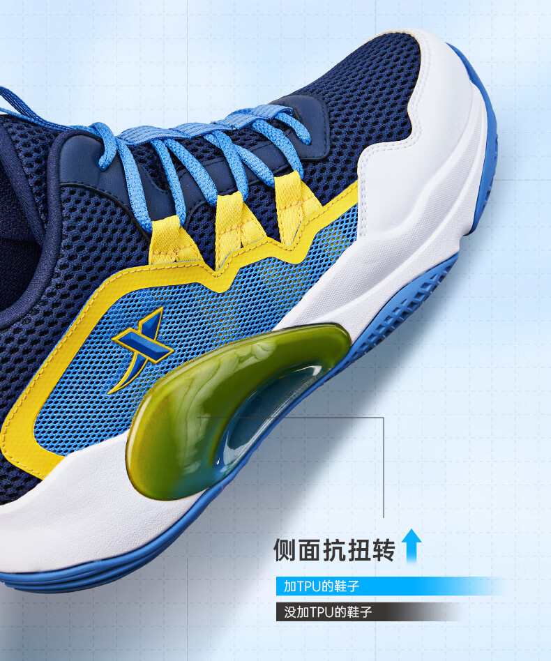 XTEP Children's Basketball Shoes with Leather And Mesh Splicing, Breathable, for Boys And Girls, Deep Blue/mango Yellow, Size 39 2