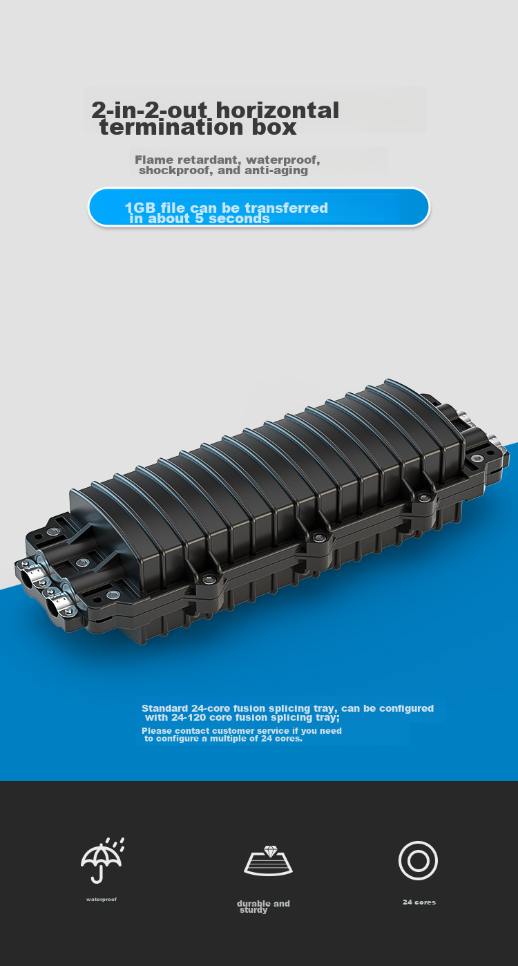 HAILE 2-In 2-Out Horizontal 24-Core Fusion Splice Box for Optical Cable Continuation, 24-Core Optical Cable Splicing Pack, Waterproof Fiber Optic Connector Box, Overhead And Underground Type, Black HT-JX 1