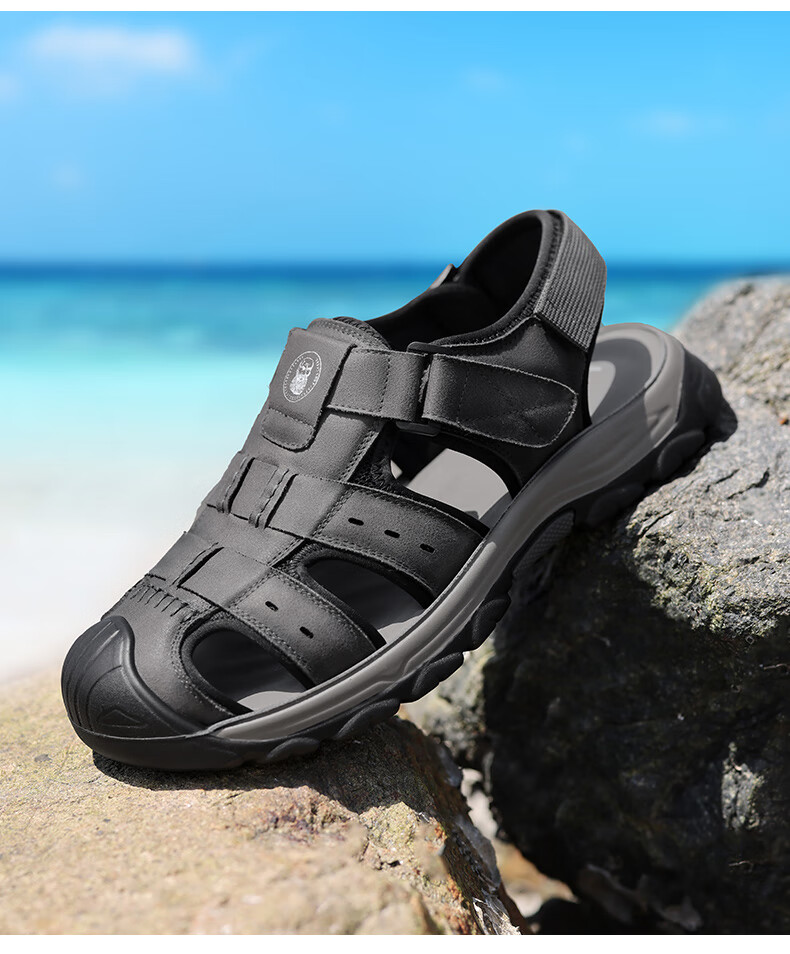 LAORENTOU Men's Summer Outdoor Casual Leather Sandals Closed-Toe Anti-Collision Hole Beach Shoes LT66 Gray Size 39 5