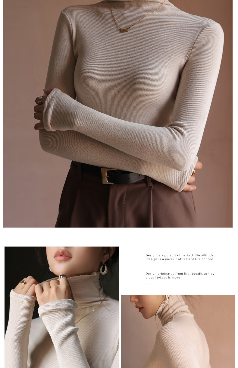 LangSha, De Rong Base Shirt, Ruched Turtleneck, Striped Inner Layer, Long-Sleeve Solid Color Autumn Shirt, Slim-Fit High-Elastic Base Underwear for Wome 12