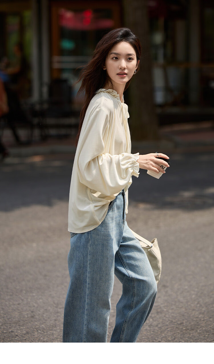 Dme [Retro Elegant Brown Shirt], Spring And Autumn Style, Silk Ribbon Collar, Velvet Blouse for Wome 8