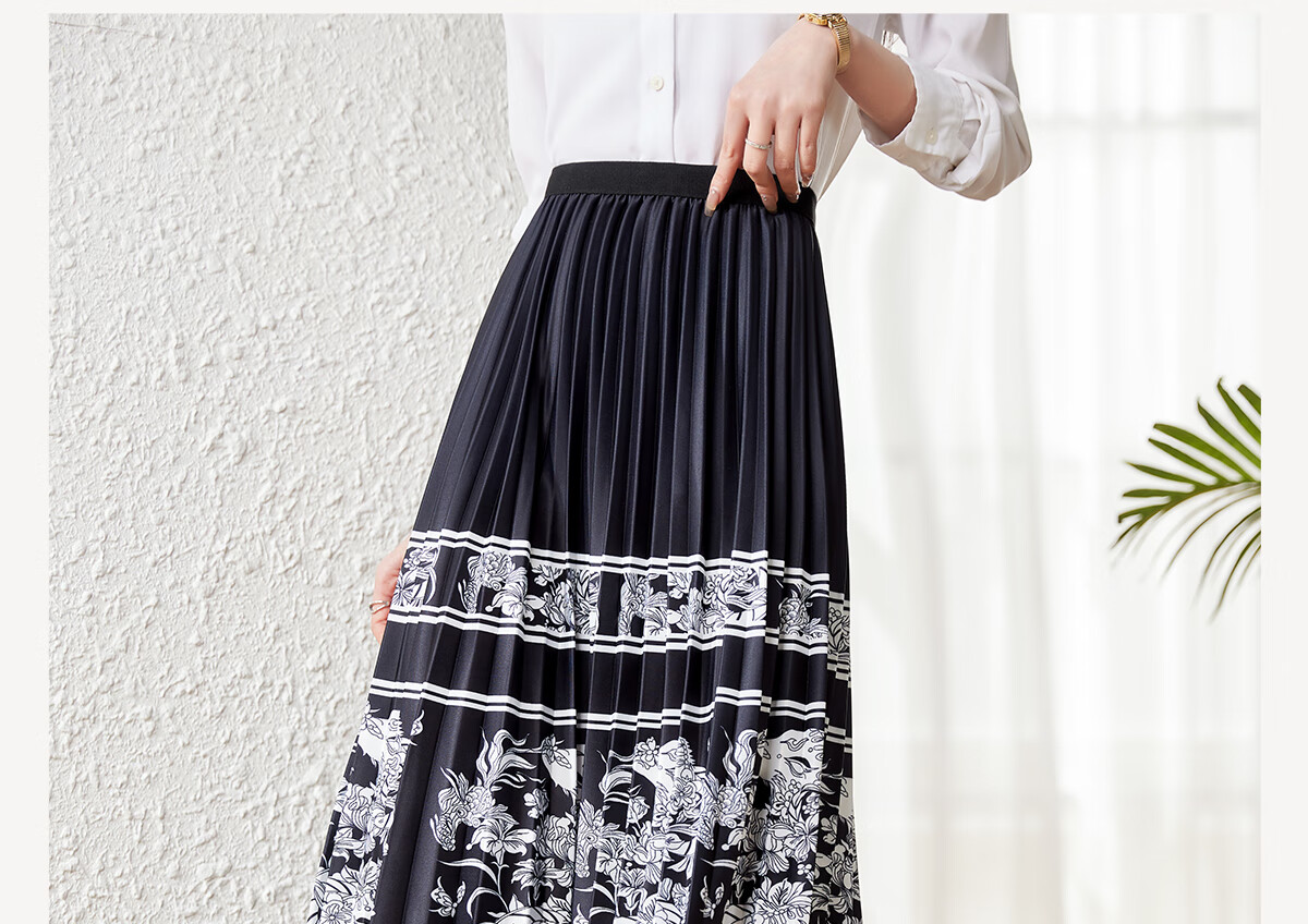 Chushen Oriental Minimalist-Style New Chinese-Style Midi Skirt for Women, Printed High-Waist A-Line Pleated Improved Horse-Face Skirt S143B1423 1