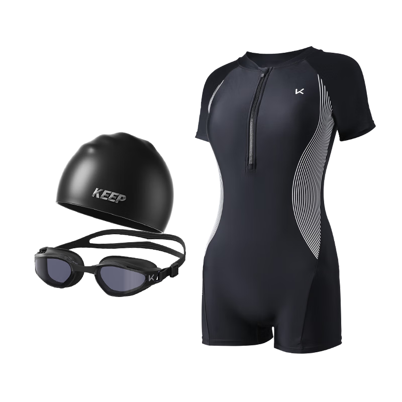 Keep Women's Professional One-Piece Square-Leg Competitive Conservative Swimsuit 047, Swimsuit Goggles Swim Cap Set, S
