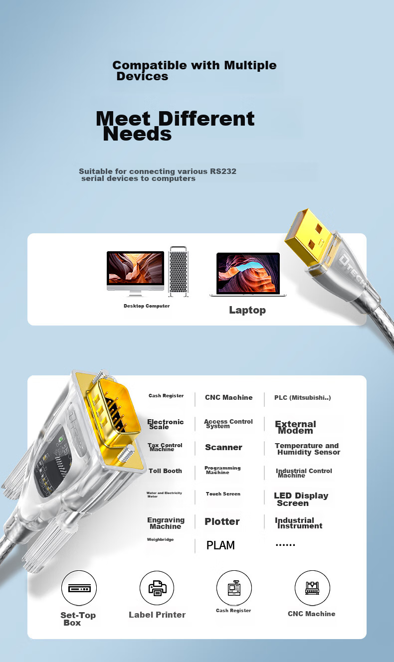 DTECH USB to RS232 Serial Cable, Industrial Grade USB to DB9 Male Adapter Cable with Indicator Light, Attendance Cash Register Printer Cable, COM Port Debugging Cable IOT5080-1M 4