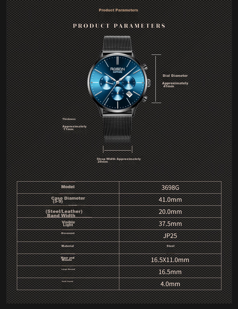 ROSDN True Diamond Series Classic Versatile Men's Waterproof Watch Top Brand Birthday Gift for Boyfriend 6
