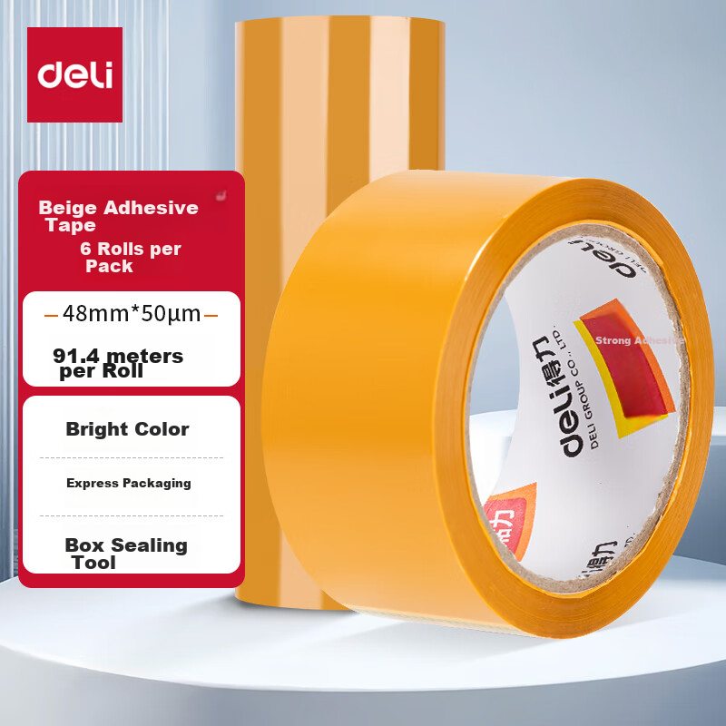 Deli High-Quality Beige Packing Tape, Wide Adhesive Tape, 48mm*100y*50ÎŒm (91.4m/roll), 6 Rolls Per Pack, Office Supplies, 30239