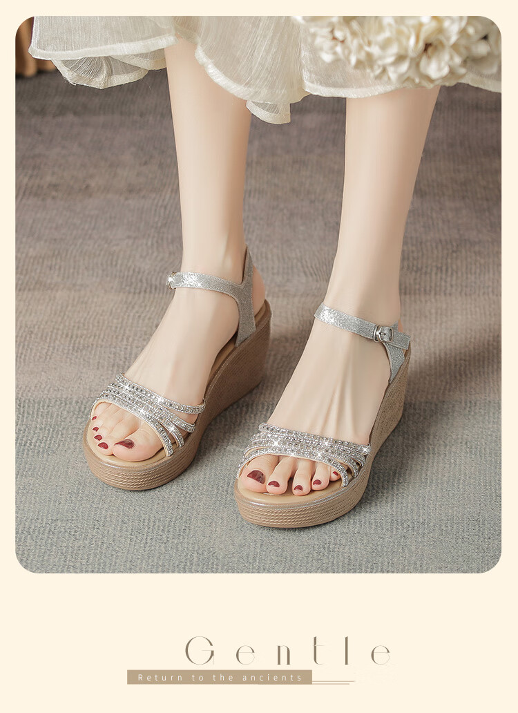 ZHR Women's Shoes, Summer Wedge Versatile Sandals, Fashionable Rhinestone Platform Slimming Beach Shoes for Women, AY161, Apricot Color, Size 35 21