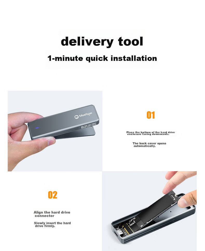 Mihu (Meetiger) M.2 SSD Enclosure, NVMe Protocol, M2 Portable Hard Drive Case, USB3.2 10Gbps External SSD, All-Aluminum Body, PN80 17