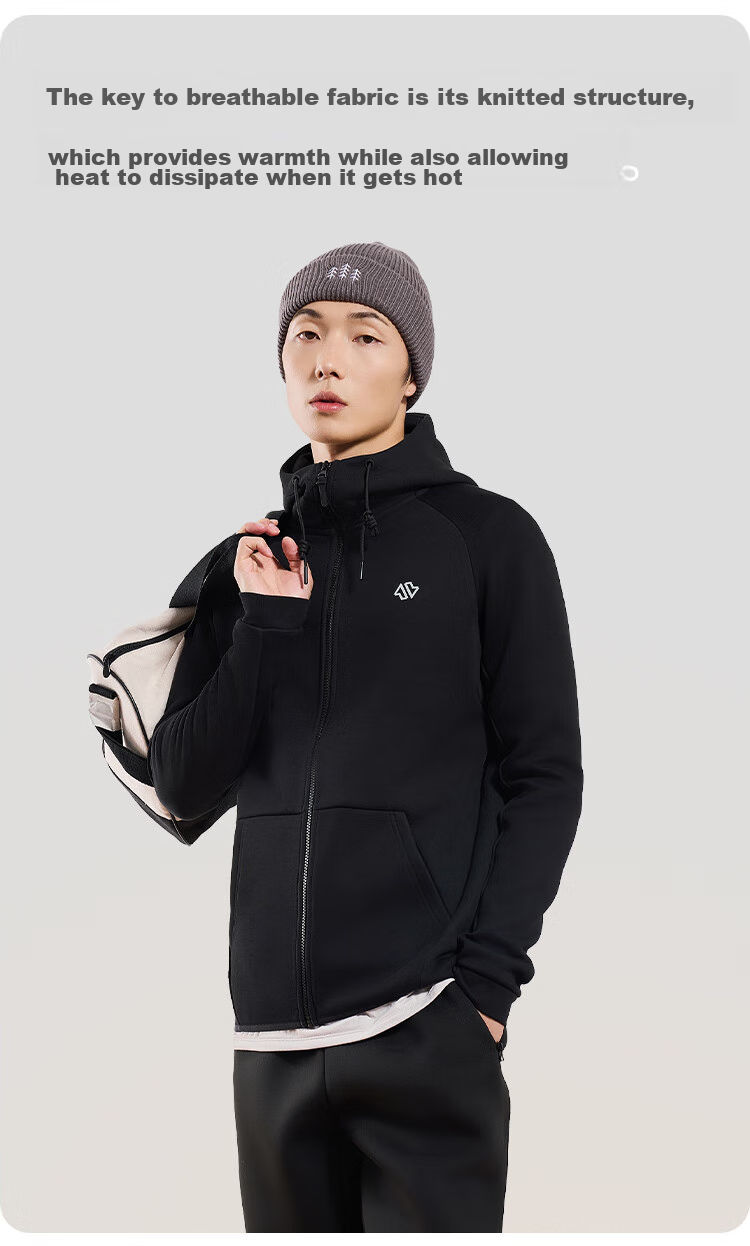 JD Original Air Warm Sports Jacket for Men, Knitted Hooded Spring Outdoor Windproof Warm Running Casual Coat, Black Size S 11