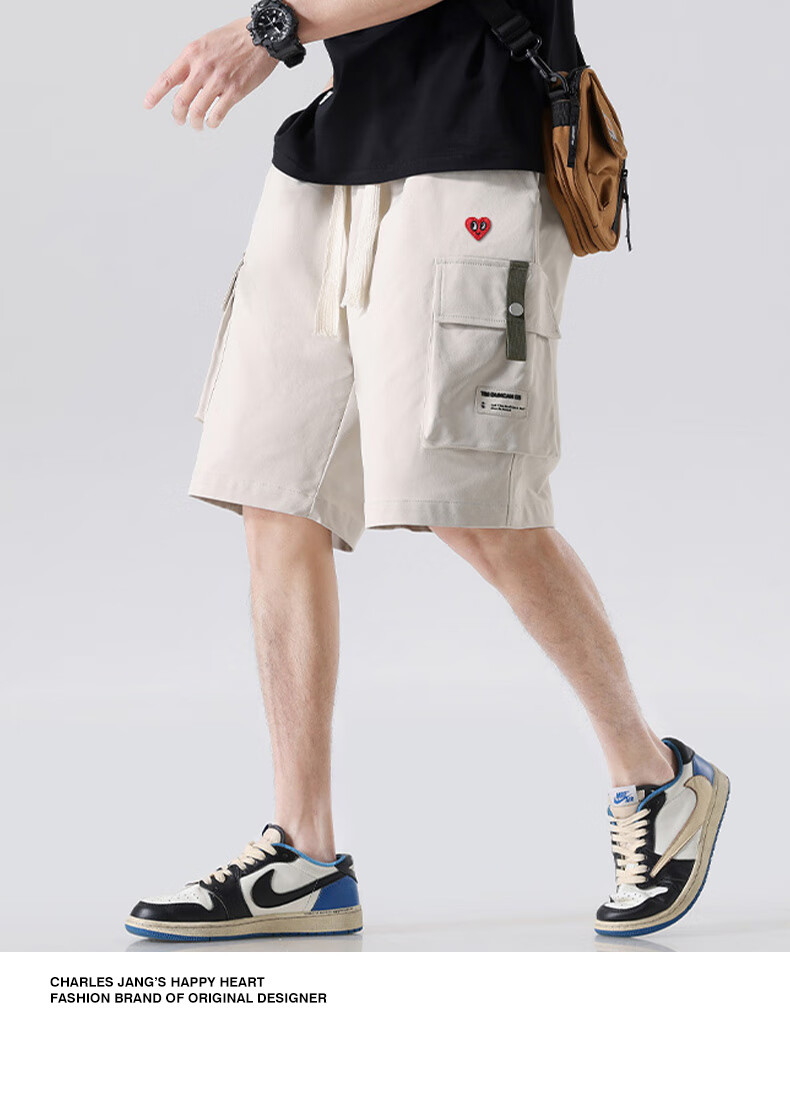 Charles Heart Men's Work Shorts Summer Thin Love Heart Embroidery Beach Loose Breathable Knee-Length Shorts Apricot L 6