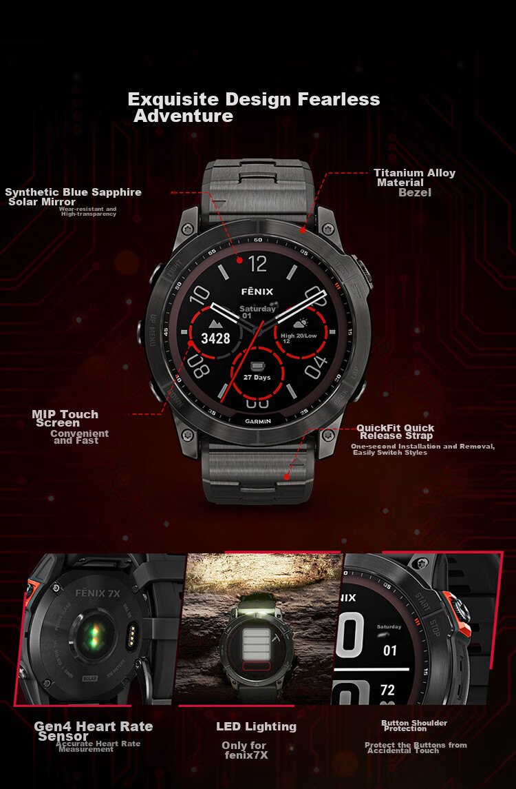 GARMIN Fenix7 Flagship Solar-Powered Heart Rate And Blood Oxygen Smartwatch for Running, Cycling, And Outdoor Sports, DLC Carbon Black 6