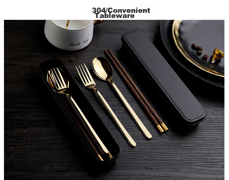 Shihua 304 Stainless Steel Spoon And Fork with Chicken Wing Wood Chopsticks Set, Four-Piece Portable Cutlery for Students, Adults And Travel 3