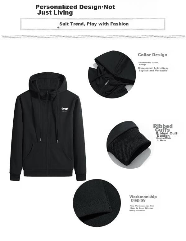 JEEP SPIRIT Men's Hooded Sweatshirt And Jacket Set for Autumn And Winter, Outdoor Sportswear Two-Piece Set SY118 Black 3XL 12