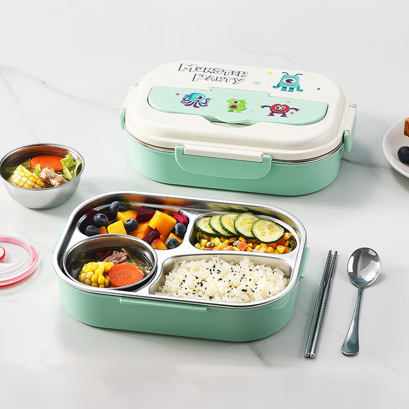 MAXCOOK 304 Stainless Steel Lunch Box Microwaveable 4-Compartment Insulated Student Lunch Box with Utensils 1.6L Blue MCFT7598