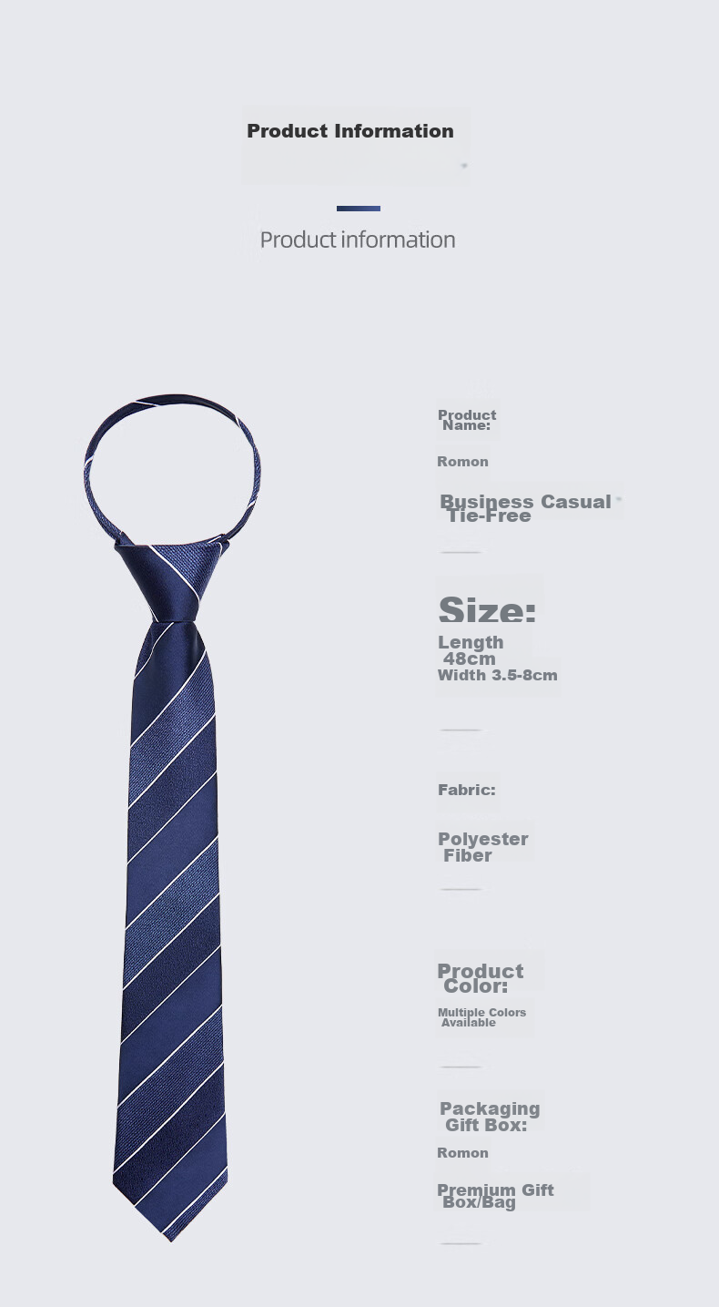 Luomeng Men's Business Necktie, 8cm No-Tie Striped Wedding Zipper Tie, Gift for Husband Or Boyfriend, Navy Blue, Gift Box Packaging 8