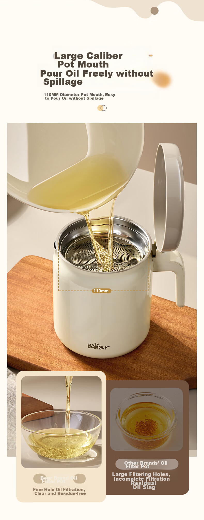 Bear Oil Strainer Bottle, 304 Stainless Steel, with Filter Mesh, Lard Container, Large Capacity Kitchen Oil Bottle, Food-Grade Oil Container, 1.3L 6