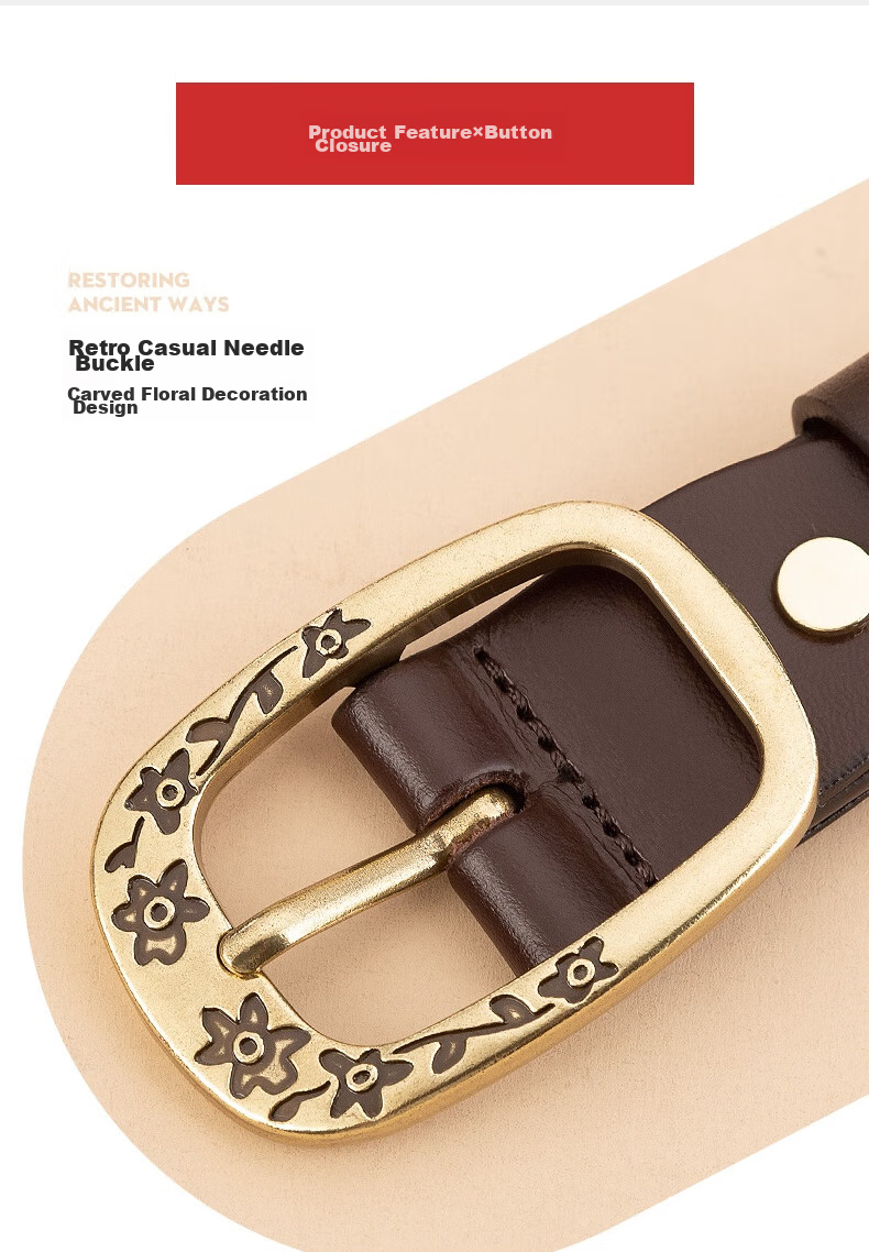 Cattlesboss Women's Leather Belt, Vintage Carved Buckle, Versatile Waistband, 5333 Dark Brown, 105cm 6