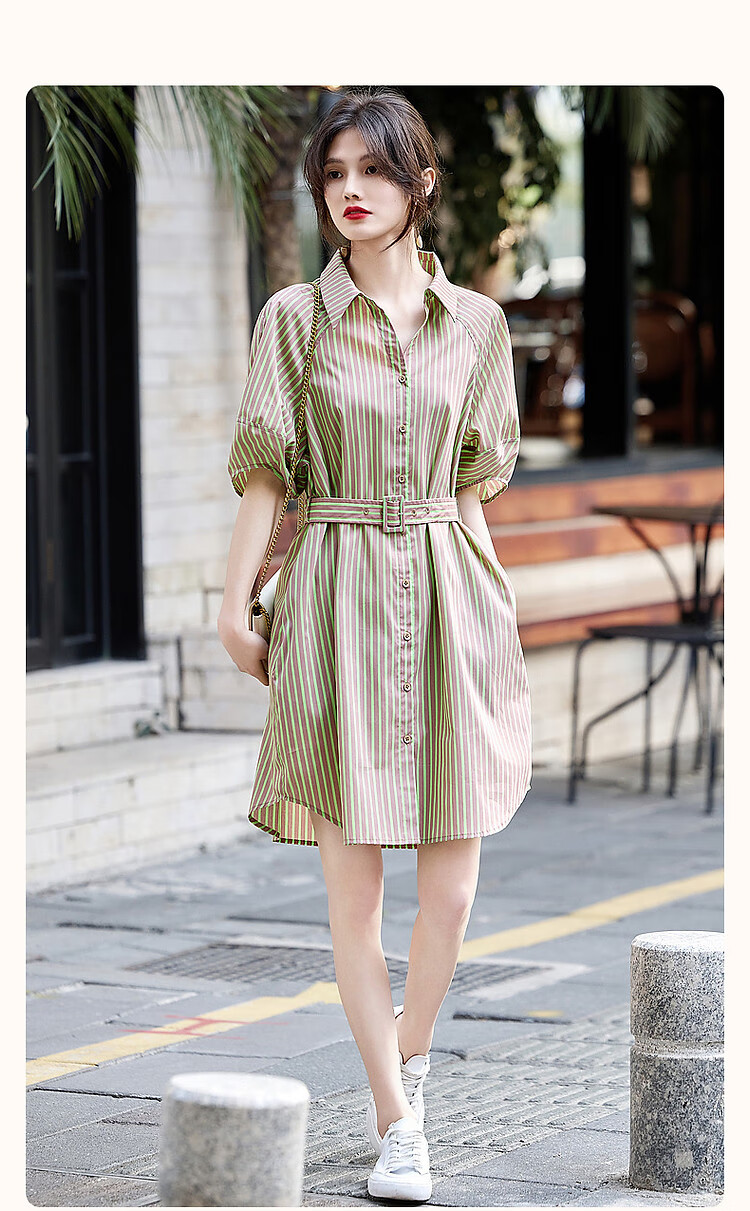 Dme [Tiansitongqin Piece] Summer French Simple Style Ceiling Lyocell Shirt Dress, Striped Waist Belt Dress 2