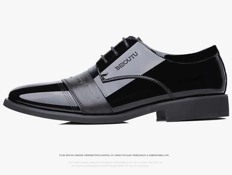 BEIOUTU Leather Shoes for Men, Business Formal Shoes, British Style Low-Cut Lace-Up Patent Leather Wedding Shoes, 2813 Black, Size 42 14