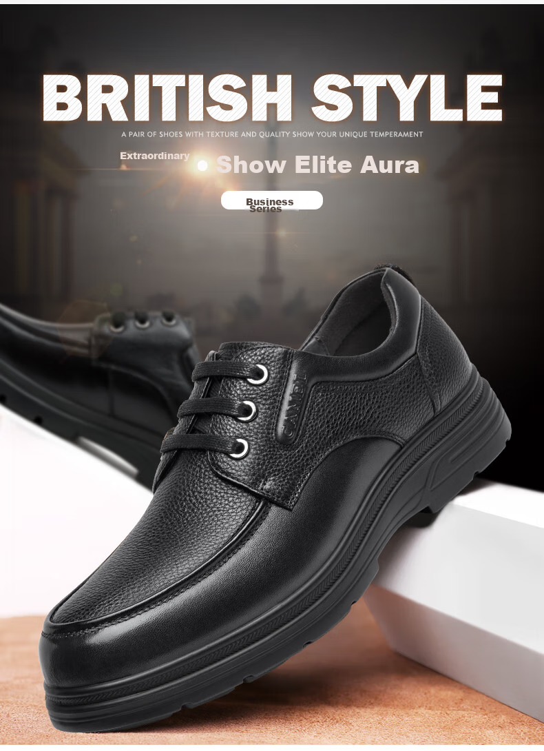 CAMEL Leather Lace-Up Middle-Aged Dad Shoes, Height-Increasing Classic Business Casual Leather Shoes for Men, G15A211067, Black, Size 38 1