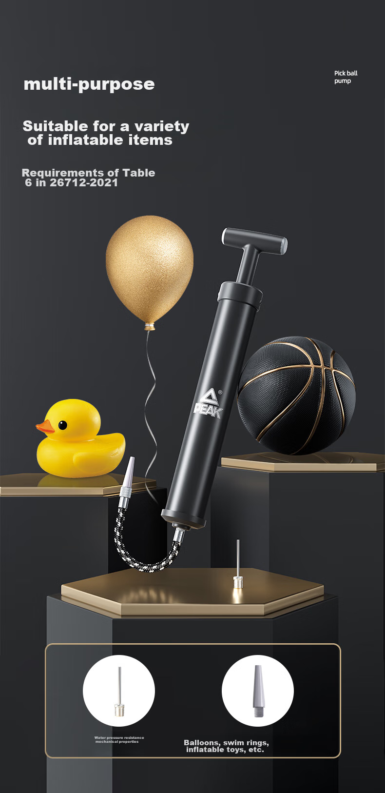 PEAK Basketball Pump, Soccer Ball, Volleyball Air Needle, Balloon, Portable Universal Swimming Ring Inflator, Black 3