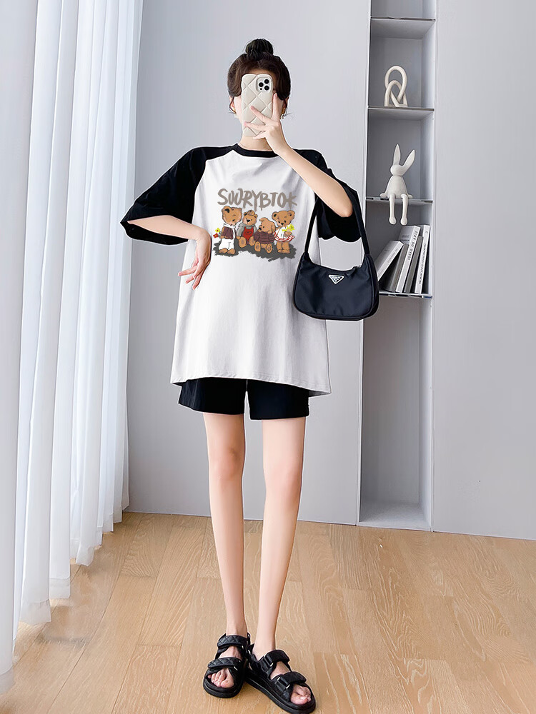 JOYNCLEON Maternity Summer Thin Loose Raglan Sleeve Printed T-Shirt and Versatile Shorts Set White L Jtz158115 22