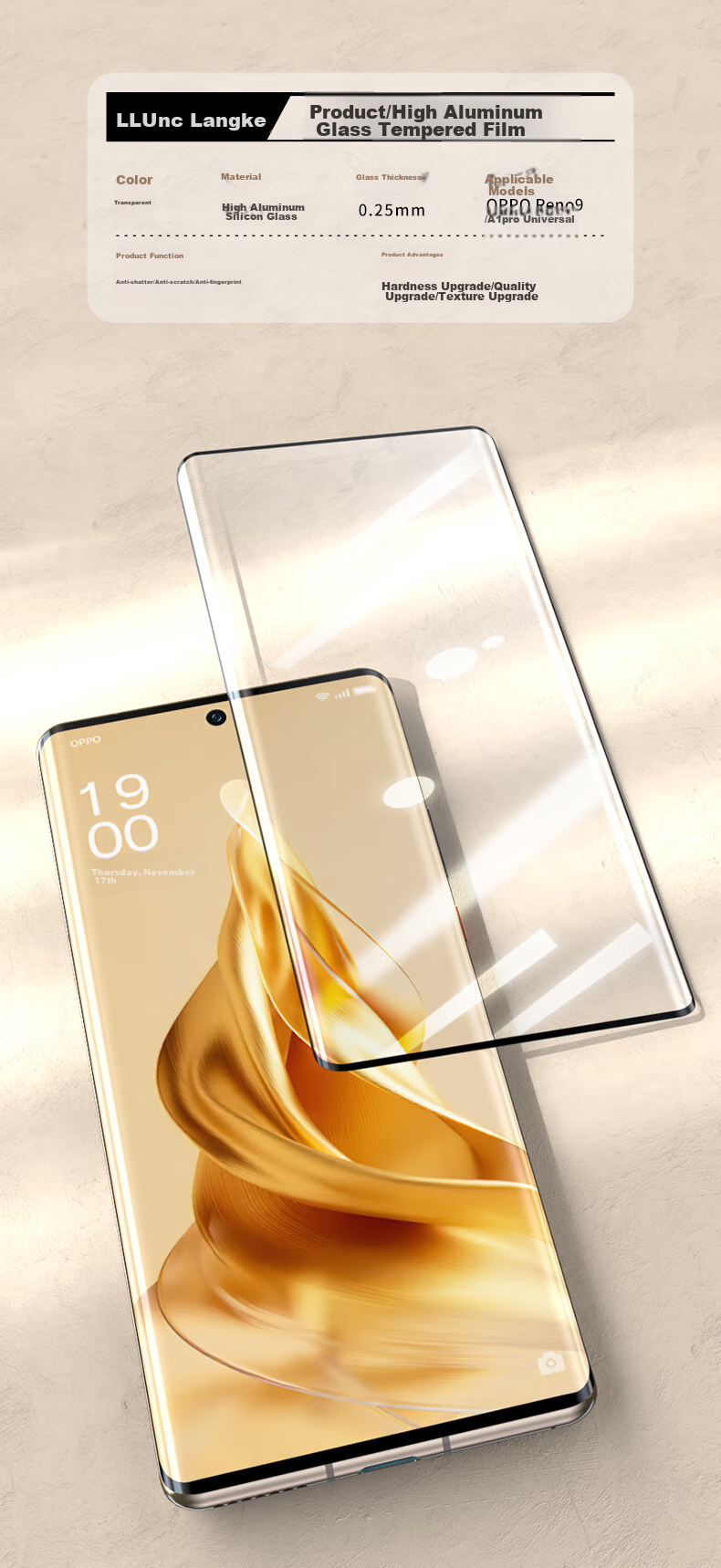 LLUNC Tempered Glass Screen Protector for OPPO Reno10, Compatible with Reno9pro/pro+, Reno9 Universal Curved Coverage Ultra-Thin Ultra-Clear Shatterproof Anti-Fingerprint Protective Film 17