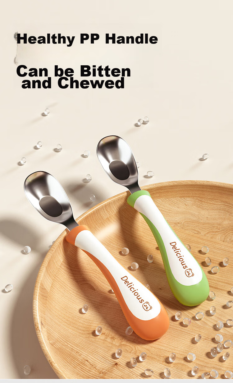Baoshi Baby Spoon, Infant Yuanbao Spoon, Complementary Food Spoon, 316L Stainless Steel Children's Training Eating Soup Spoon, Tableware, Two-Piece Set 3