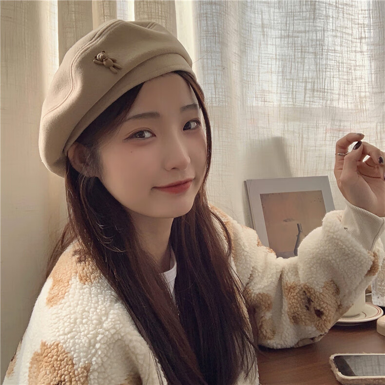 XUEXIMAN Japanese Vintage Cartoon Bear Brown Wool Beret Women's Fashionable Elegant Painter Hat 14