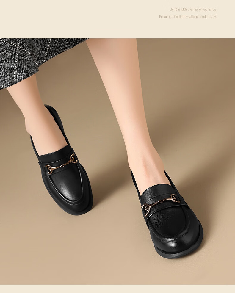 ZHR Top-Grain Leather Loafers for Women, Chunky Heel Commuter Leather Shoes, Slip-On Soft-Soled Flats for Women KM03 Black Size 40 9