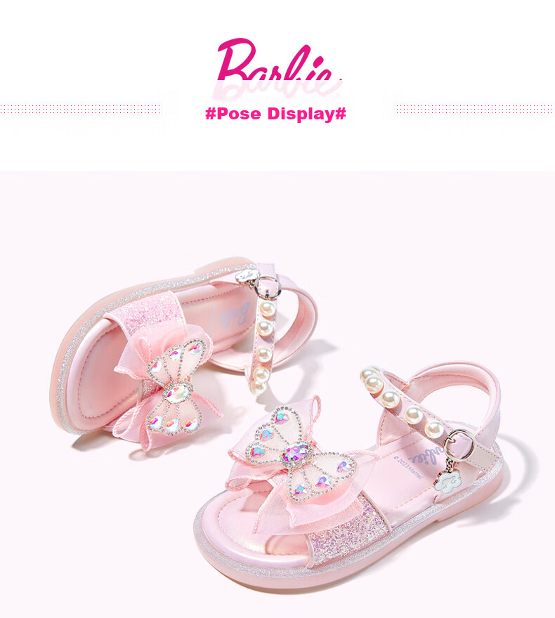 Barbie Children's Shoes, Summer Kids' Sandals, Girls' Butterfly Bow Open-Toe Sandals, Crystal Shoes DA5939, Light Purple, Size 28 14