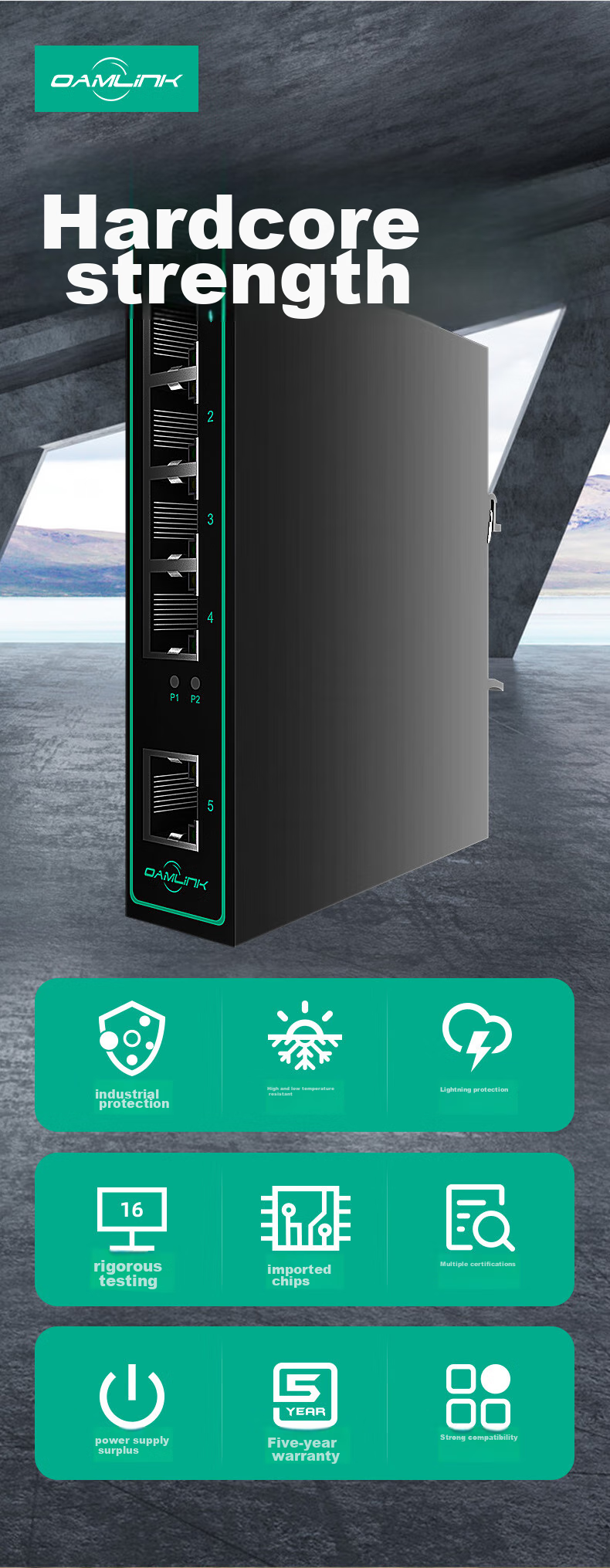 OAMLink Industrial Switch with 5 Ports, 100Mbps Economy Version, Surveillance Network Splitter OAM-6000 (M) 3