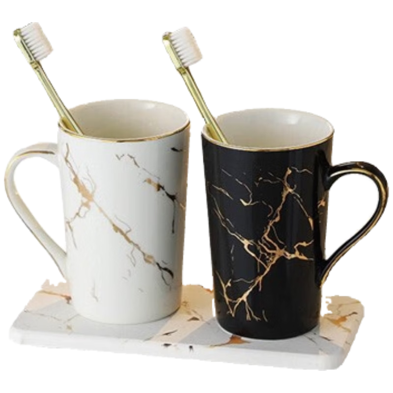 Fanyejia 3-Piece Marble Gold Pattern Bathroom Cup Set for Guesthouse And Home Use, Ceramic Mouthwash Cups for Couples, High-End Set