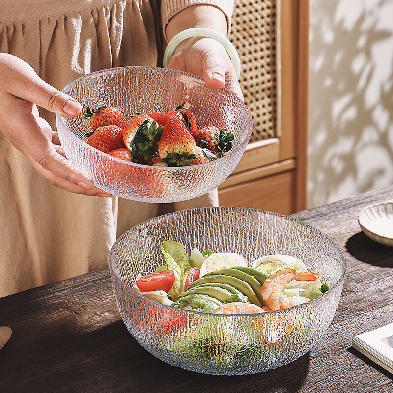 CRISTALGLASS Glacier Glass Salad Bowls Set of 3 - Transparent Round Glass Bowls for Home Use, Vegetable Fruit Plate, Yogurt Dessert Bowls