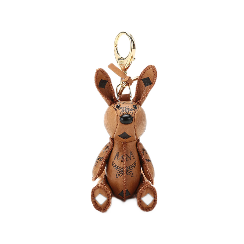 mcm 奢侈品 男女中性涂层帆布visetos兔子吊饰挂饰钥匙扣干邑色logo