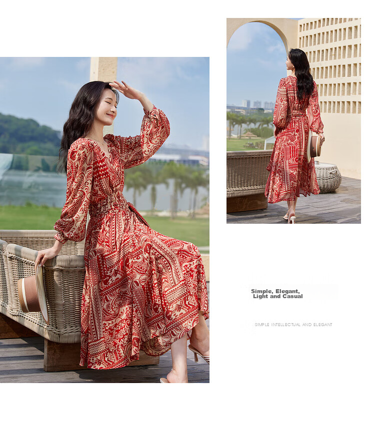 Sentubila Spring And Autumn Mid-Length Floral Print Red Dress, Elegant Goddess Style Slimming Vacation Dress, Red Floral Pattern, Size S 19