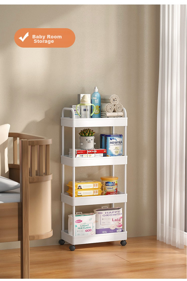 Ourunzhe Narrow Storage Rack, Kitchen Organizer Shelf, Slim Gap Trolley, Living Room And Bathroom Crevice Storage Shelf, Four-Tier with Handle 8