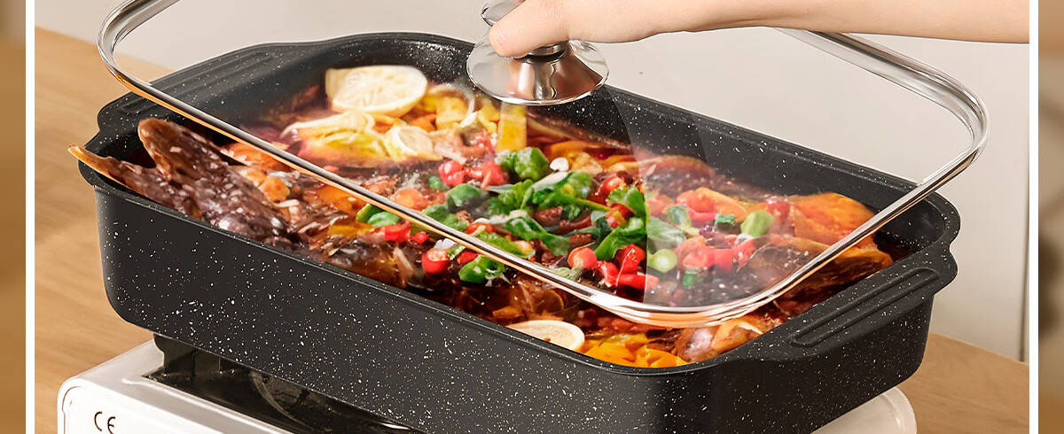 PAKCHOICE Rectangular Fish Grilling Pan with Lid, Specialized Grill Pan for Induction And Gas Stoves, Carbon Steel Non-Stick Baking Tray for Home Use 14