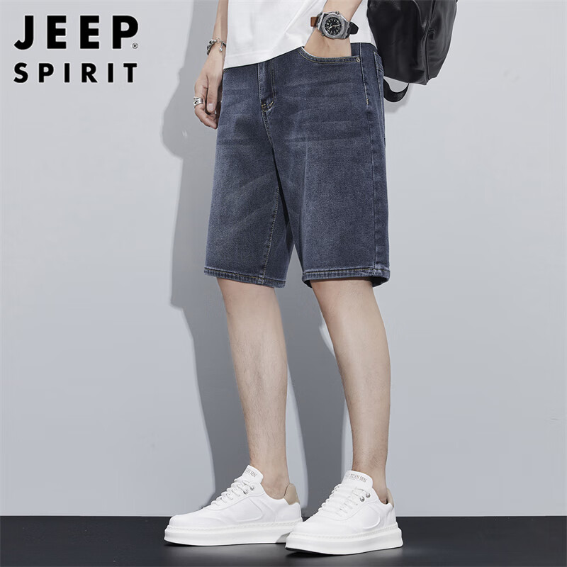 JEEP SPIRIT Men's Denim Shorts, Summer Trendy Casual Pants, Straight-Leg Five-Point Shorts for Men, Blue, Size 32