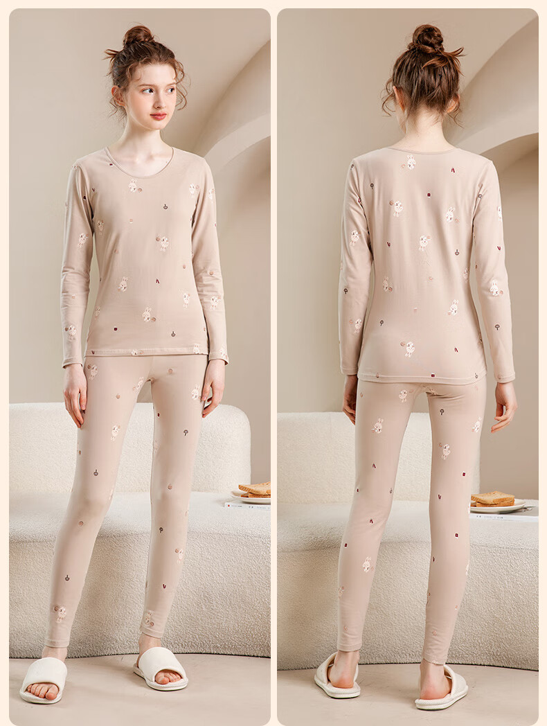 Fenteng Women's Thermal Underwear Pure Cotton 2025 New Style [Light Warm Underwear] Round Neck Small Floral Autumn Top and Bottom Set 24