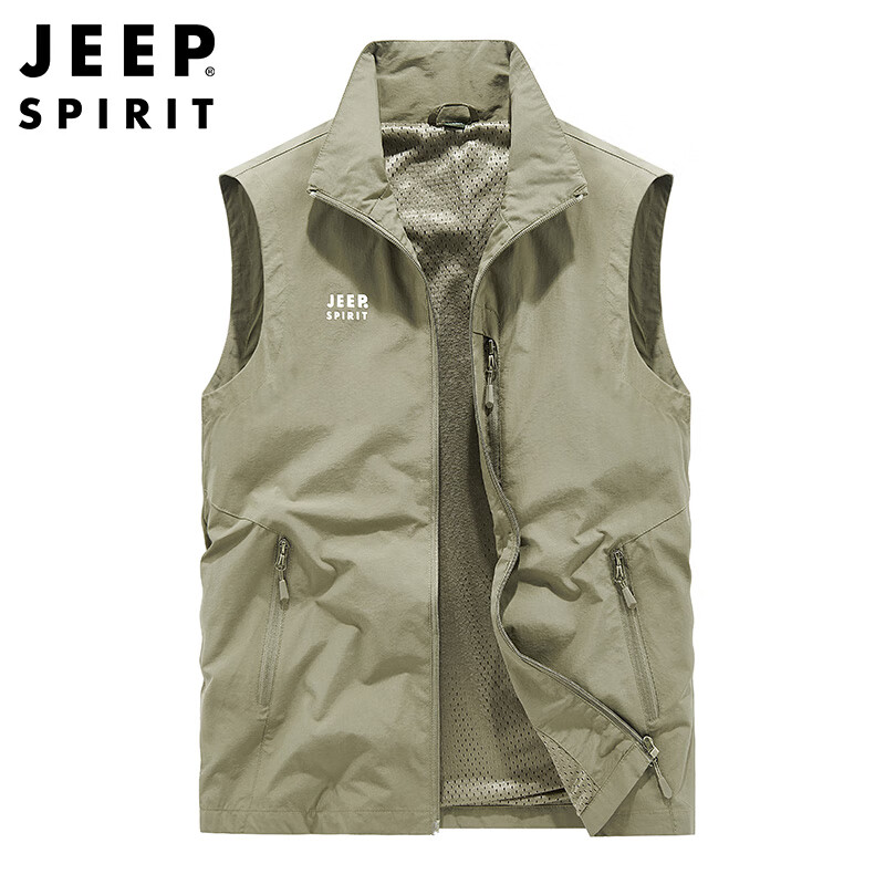 JEEP SPIRIT Men's High-Quality Spring And Autumn Casual Vest Outerwear Sleeveless Jacket, Khaki, Size L
