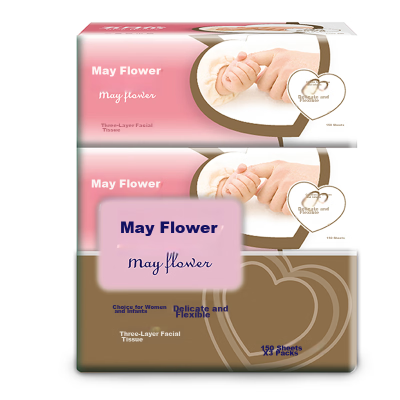 Бумажные платочки May Flower, 3 слоя, 150 листов, 3 упаковки (средний размер)