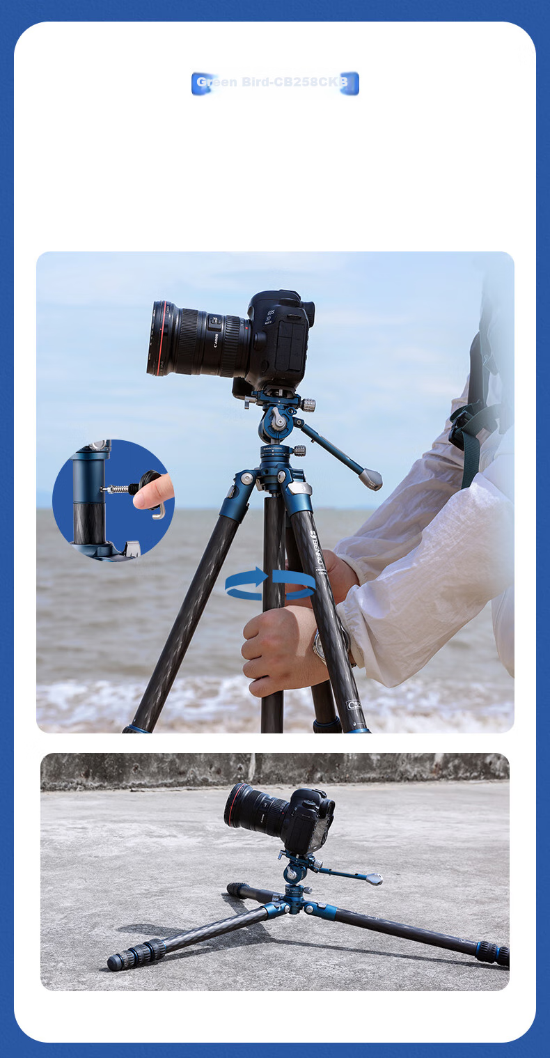 Benro CB259CFK, Professional Photography And Video Live Streaming Dual-Level Tripod with Handle, Hydraulic Head, Mirrorless And DSLR Camera Portable Plate Clamp Flat Tube Carbon Fiber Tripod Kit 9