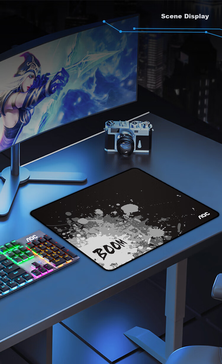 AOC Full-Property Series Gaming Mouse Pad, Medium And Small Sizes, 350*300*4mm, Thickened with Locked Edges, Office Keyboard Computer Desk Pad, M131/93BOOM Black 7