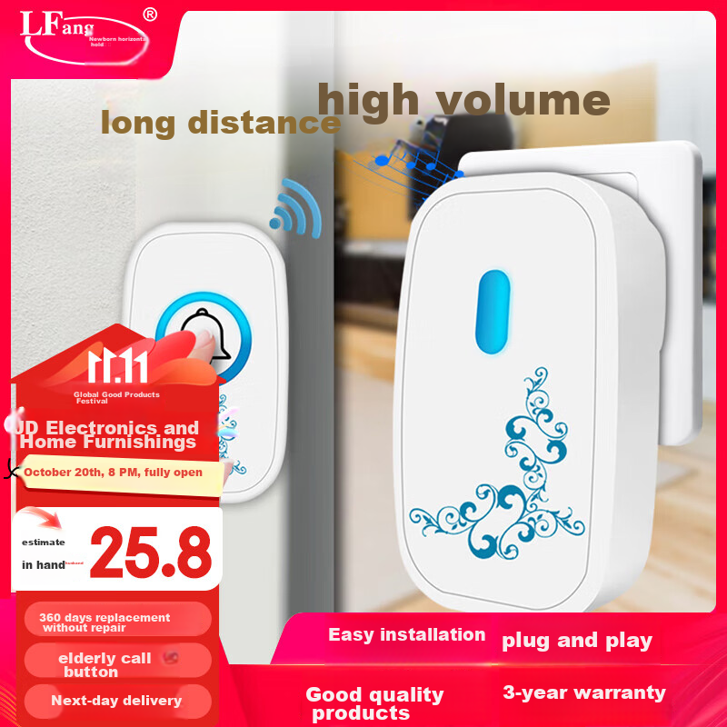 LFang A280 Wireless Doorbell for Home Use, Smart Electronic Doorbell for Elderly Call Butto