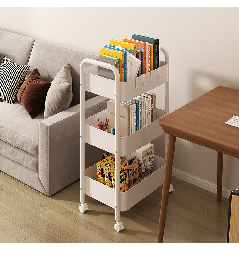 Shanshan Wood Art Bookshelf Floor Storage Rack Simple Mobile Wall Storage Rack Living Room Snack Rack Home Trolley 7