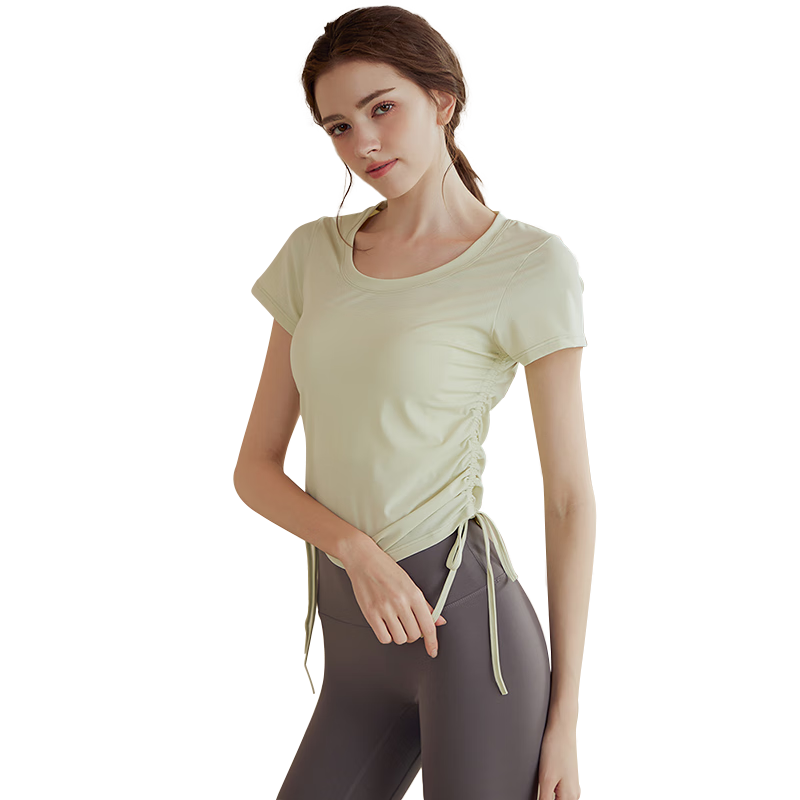 XUEXIMAN Yoga Wear Sports Top for Women, Summer Lightweight Quick-Dry Drawstring Tight-Fitting Short-Sleeve T-Shirt, Running Cover-Up Fitness Wear